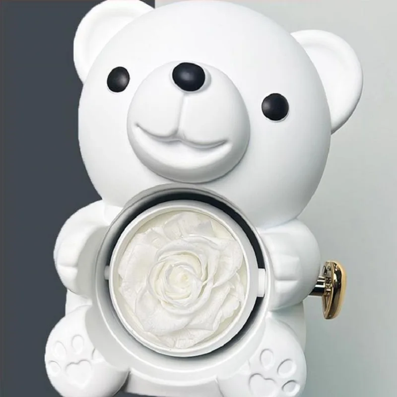 New Rotating Hugging Bear Rose Jewelry Box Eternal Flower Gift Box for Girl Mother\'s Day Valentine\'s Day Christmas Gift
