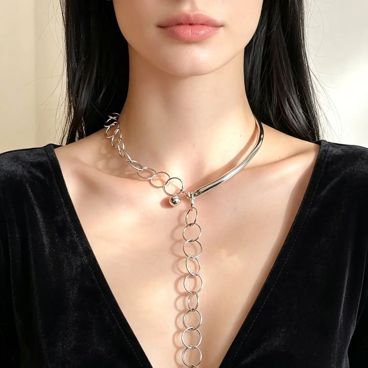 Light Luxury Exaggerated Geometric Curved Tube Circle Y-Shaped Necklace Simple Metal Ball Pendant Long Chain Women Spicy Girl Cl