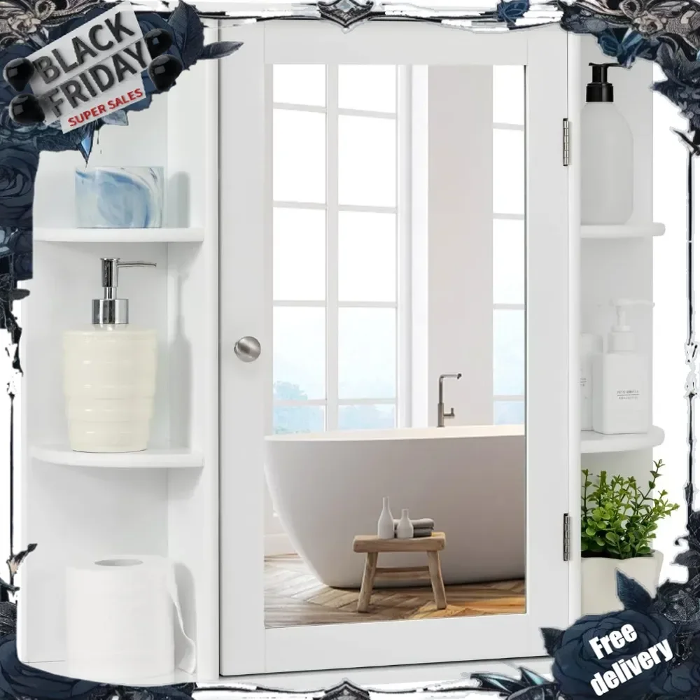 

Mirrored Bathroom Medicine Cabinet - Wall Mounted Bathroom Hanging Cabinet with Single Door, 3 Adjustable Shelves