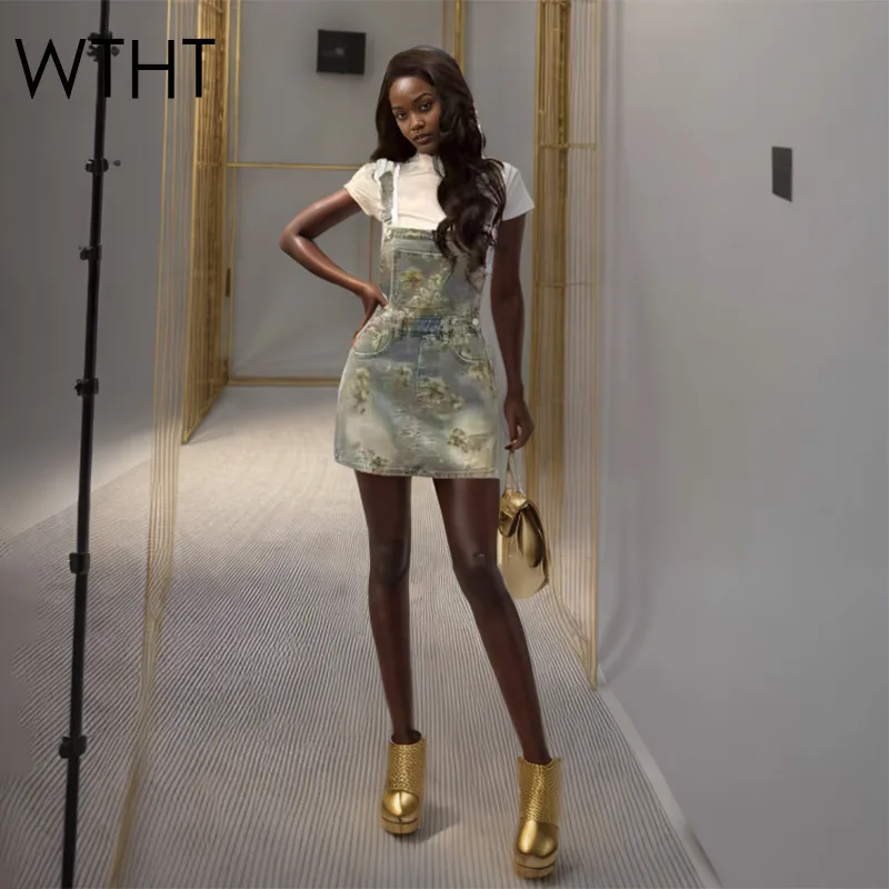 

WTHT Fashion Women's Gradient Patchwork Pockets Denim Dress Vintage Loose Halter Sleeveless Dresses Female 2025 Summer 1LS1731