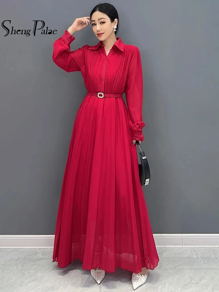 SHENGPALAE 2024 New Fashion Versatile Dress For Women Long Sleeve Collar Button Trendy Casual Elegant Female Long Dresses 5C1314