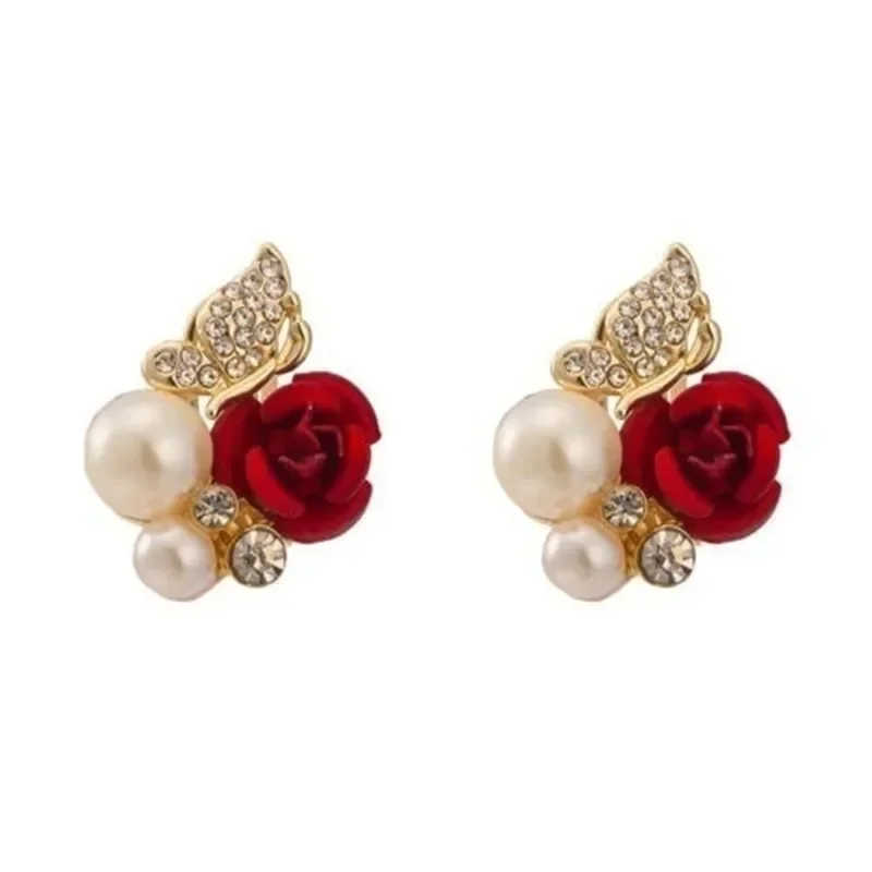 Delysia King 1 Pair Grace Women Trendy Red Rose Butterfly Ear Stud Anti Allergy Pearl High-grade Crystal Bridal Earrings