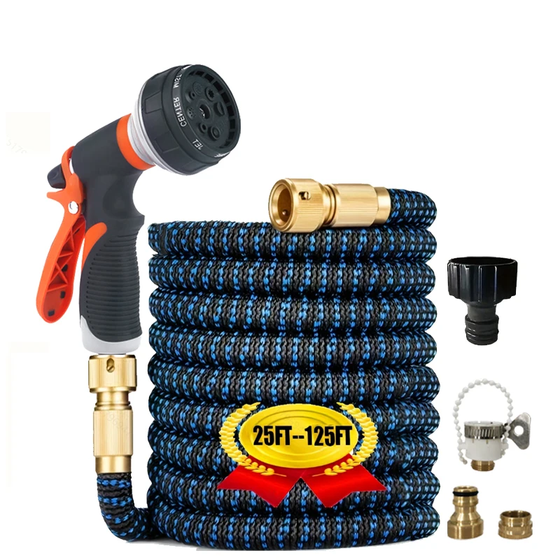 NEW 25ft-125ft Garden Water Hose Expandable Double Metal Connector High Pressure RubberReel Magic Water Pipes for Garden Farm