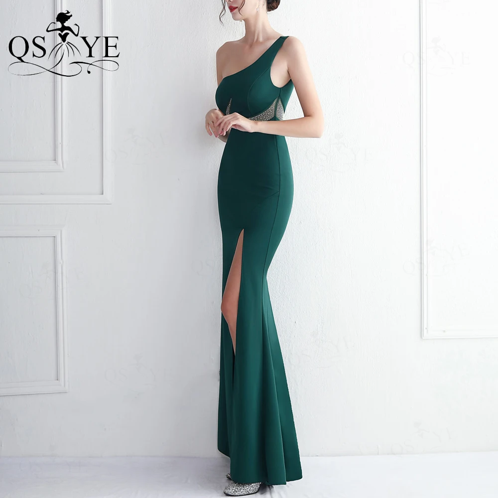 One Shoulder Green Evening Dresses Mermaid Hot Drill Prom Gown Front Split Party Dress Beaded Sequin Fitted Woman Formal Gown