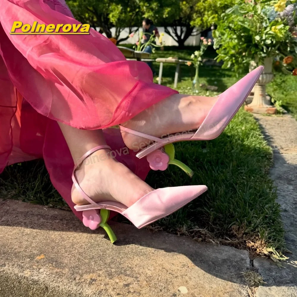 Sweet Pink Satin Ankle Strap High Heels Women Unique Floral Sculpture Thin Stiletto Point Toe Slingback Party Dress Sandals 2026