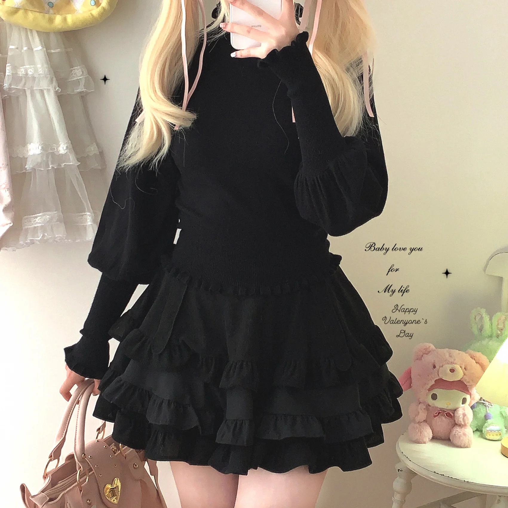 Autumn Vintage Ruffle Kawaii Cake Mini Corduroy Skirt High Waist Elastic Patchwork Pink Black Lolita School Soft Girl Skirts