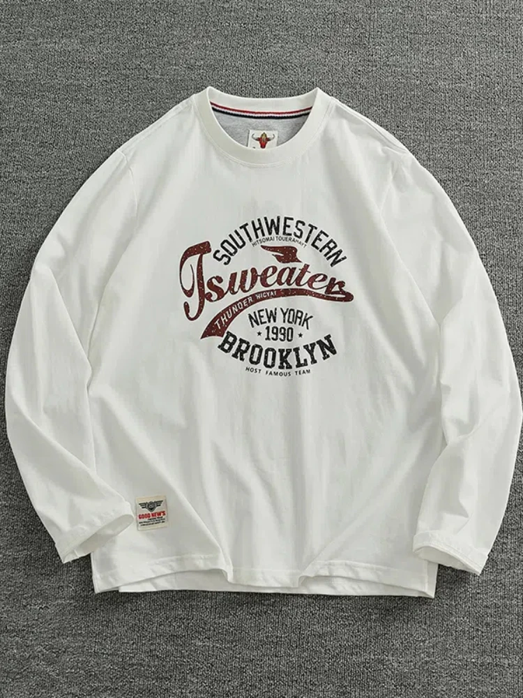 Autumn New American Retro Long-sleeved O-neck Letter Printed T-shirt Men's Fashion Simple 100% Cotton Washed Casual Sport Tops image 6