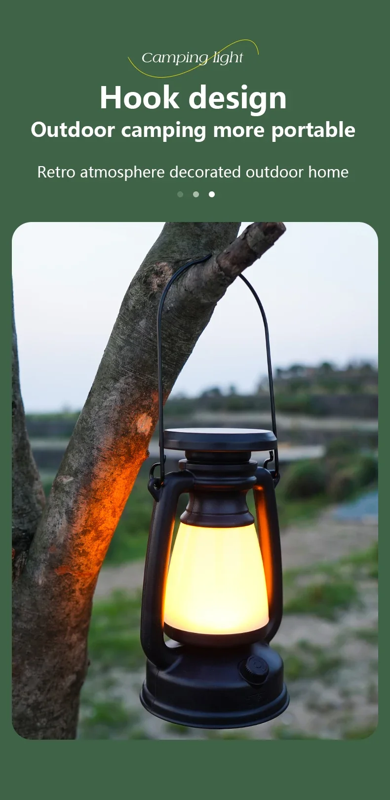 2Colors in 1 Dimming Portable Camping kerosene Lantern Shape USB Rechargeable Solar Charge Hanging Tent Lamp for Hiking Picnic