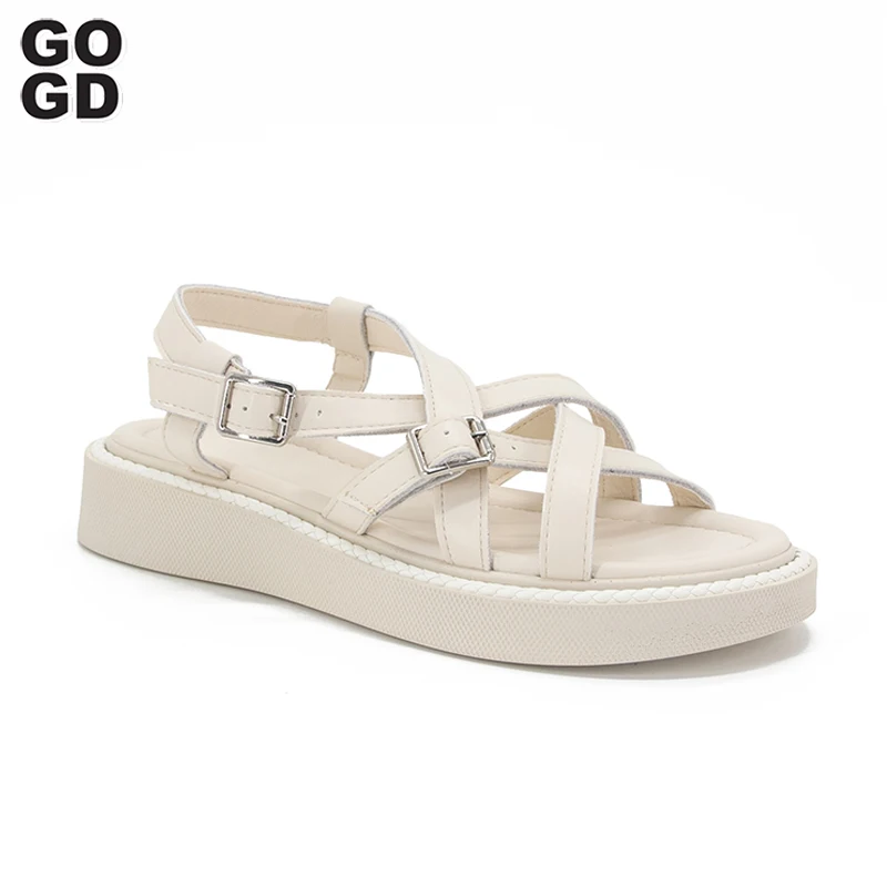 

GOGD Genuine Leather Fashion Women's Summer Sandals 2023 New Casual Flats Strap Peep Toe Beach Comfortable Roman Walking Shoes