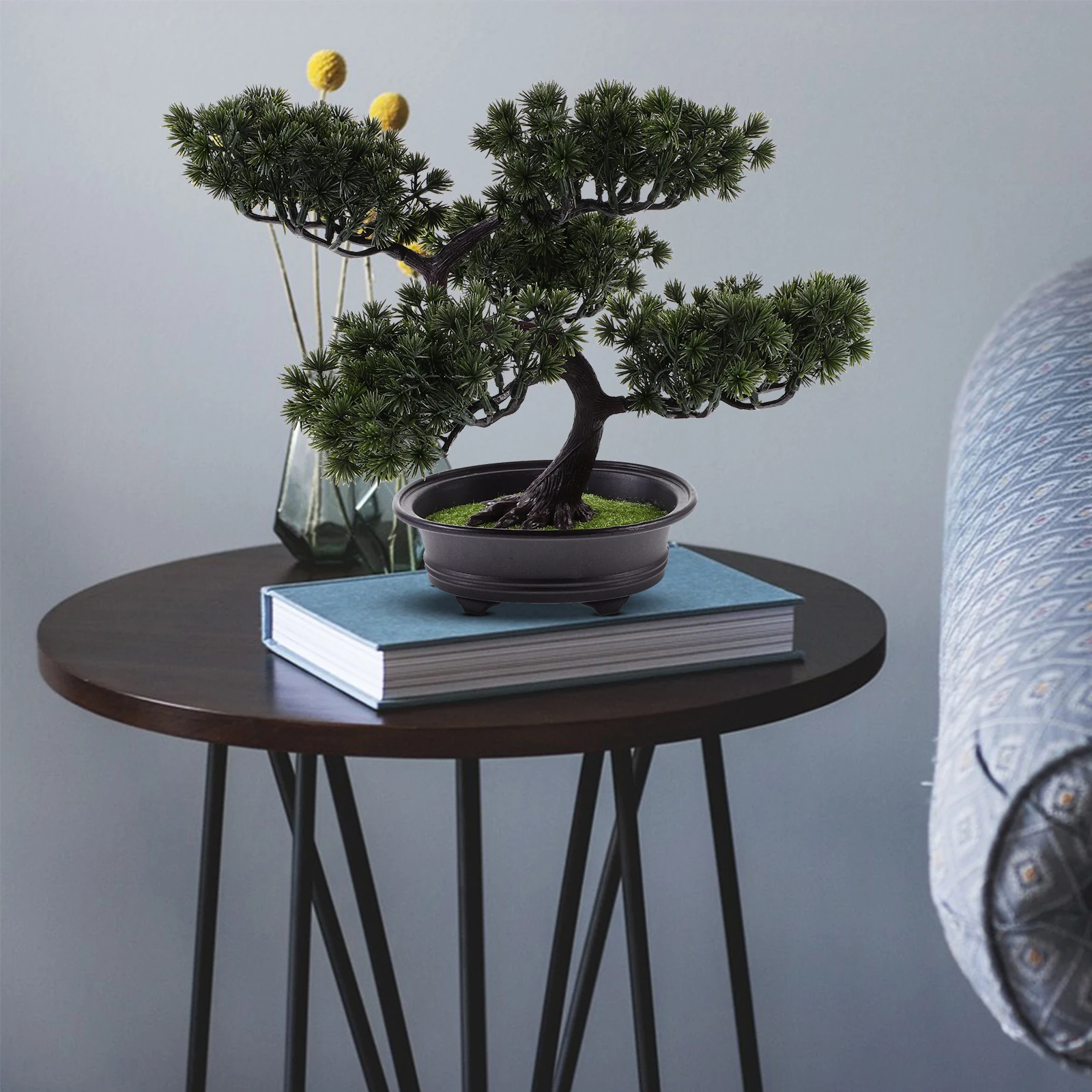 

Artificial Pine Bonsai Fake Plant Faux Potted Tree Compact Decor for Desktop Bedroom Office Home Mini Grass Pot Model