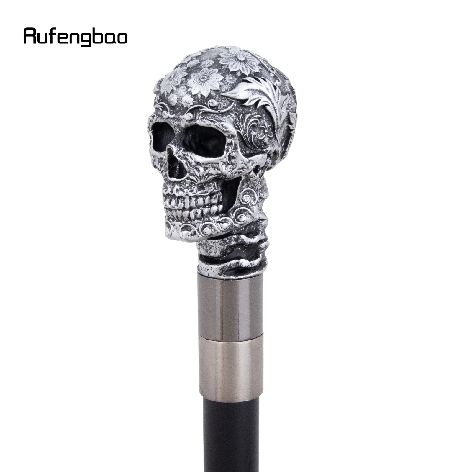 Silver Resin Rose Flower Skull Head Cane Decorative Cospaly Cane Halloween Mace Wand Crosier Performance Stage Cane 94cm