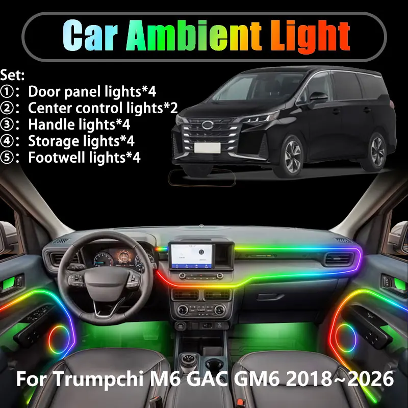 

Для Trumpchi M6 GAC GM6 2018 ~ 2026 2/18 в 1 Автомобильное окружающее освещение Светодиодные внутренние светодиодные фонари багажника USB RGB Ensemble Streamer Auto