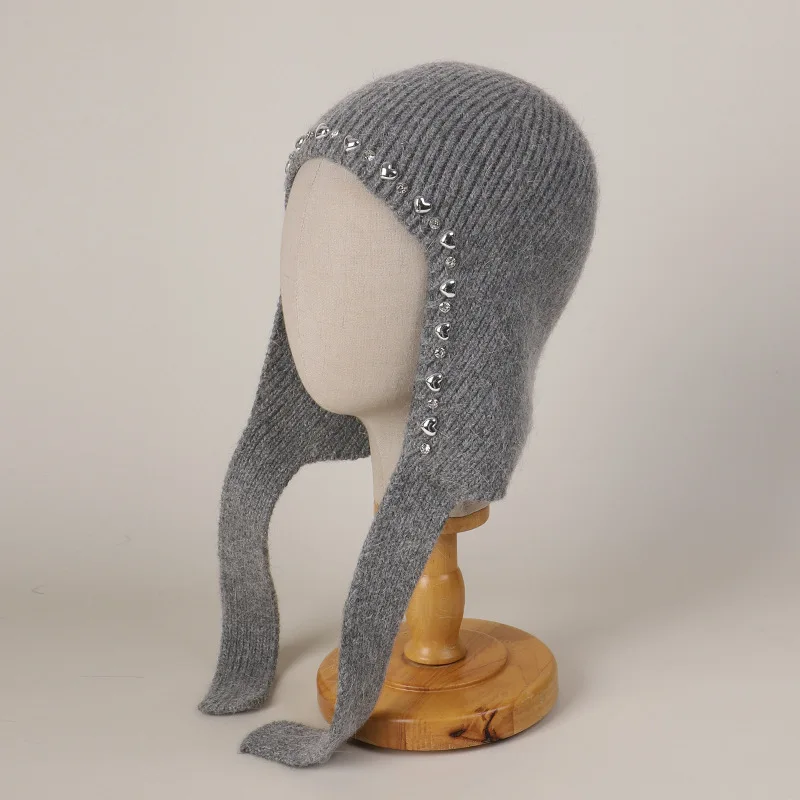 

Russia Korean Love Beads Rabbit Fur Winter Soft Warm Ear Protection Bomber Hat Winter Warm Wool Hat Cute Knitted Beanie Cap