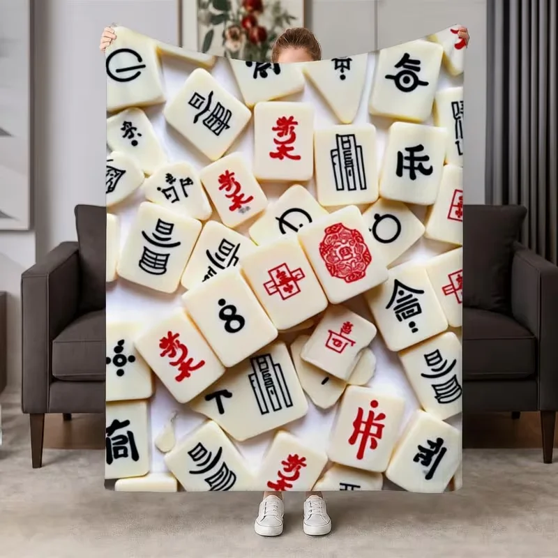 Cozy Mahjong Tile Flannel Throw Blanket Soft and Warm Traditional Game Chinese Characters, Bamboo and Dots Ideal for Couch