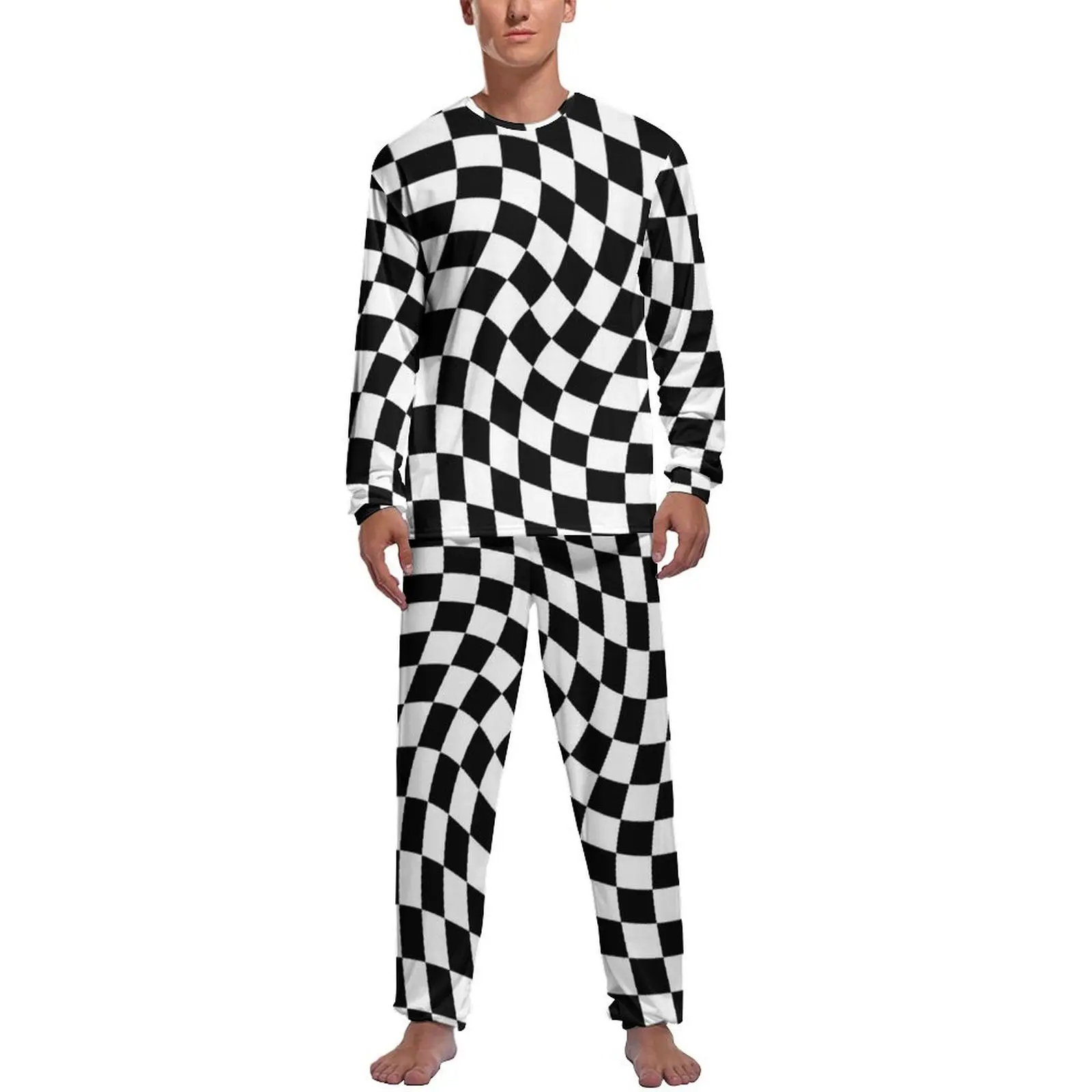 

Abstract Checkerboard Pajamas Long-Sleeve Black and White Checker 2 Piece Leisure Pajamas Set Autumn Male Pattern Cute Sleepwear