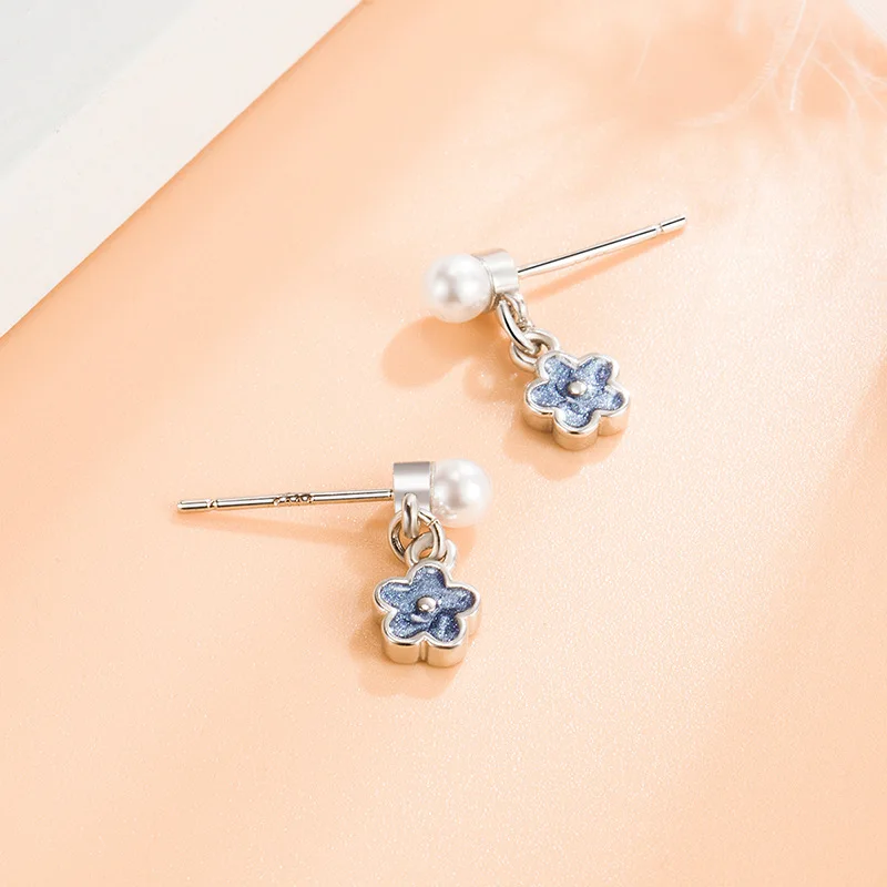 Sterling Silver Color Pearl Blue Flower Ear-Sticks Women's Earrings Fashion Jewelry