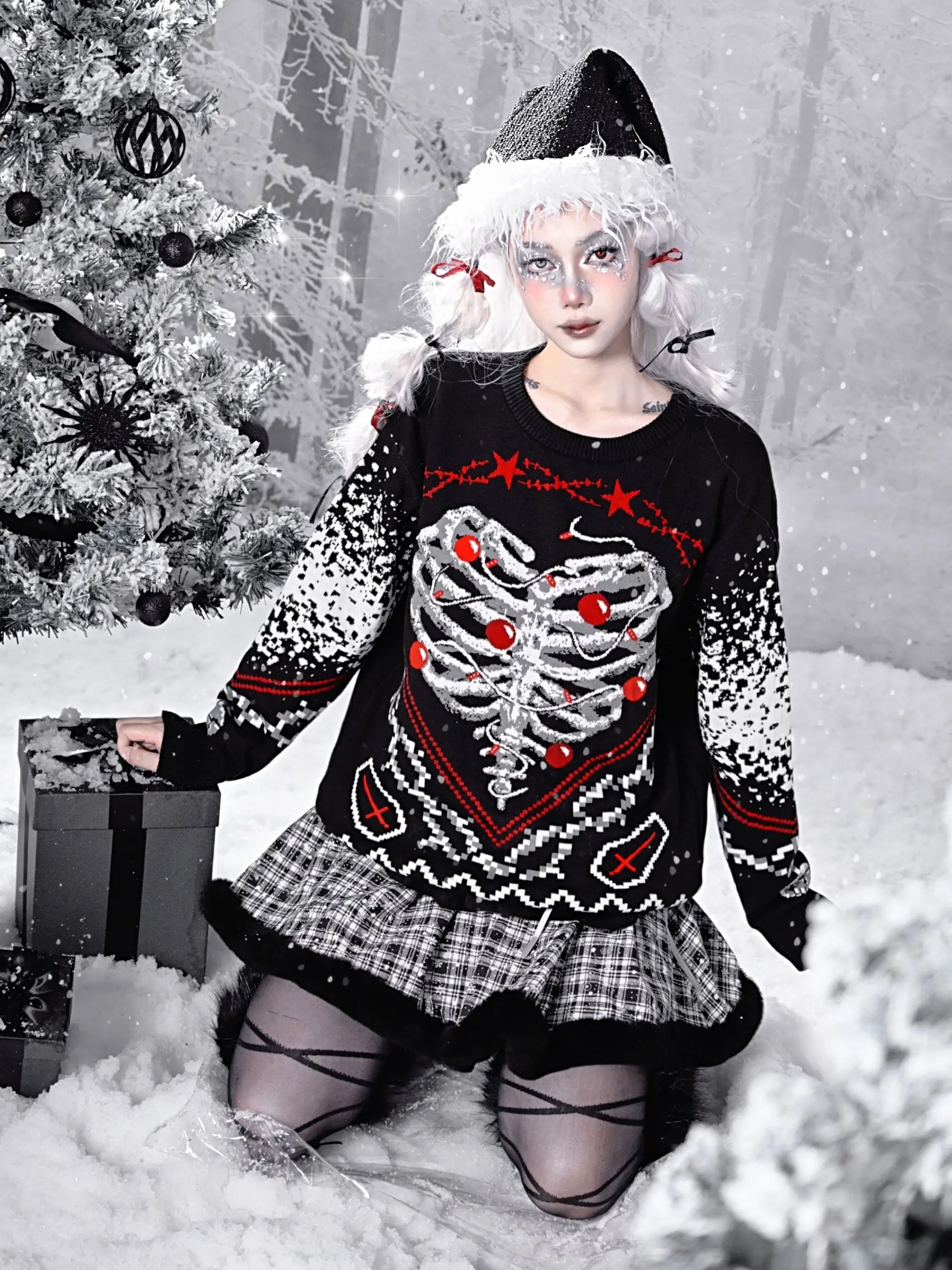 Blood Supply Original Japan Harajuku Skeleton Sweater Round Neck Dark Christmas Grunge Black Red Gothic Women Sweater JumperY2k