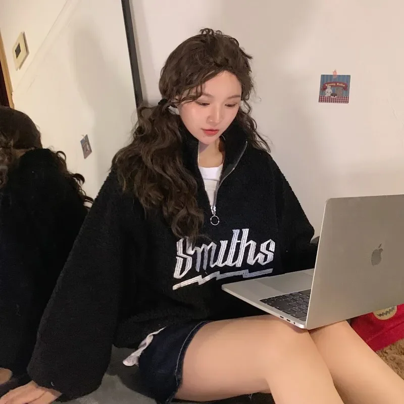 Warm Thicken Zipper Stand Collar Hoodie Women Casual Long Sleeve Pullover Tops Korean Embroidery Letter Plush Sweatshirt Outwear