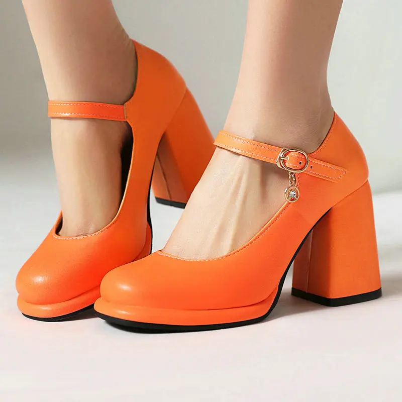 Bright Orange Green New Girls New Office Lady Pumps Round Toe Charming Women's Bridal Shoes Chunky High Heeled Mary Janes Heels