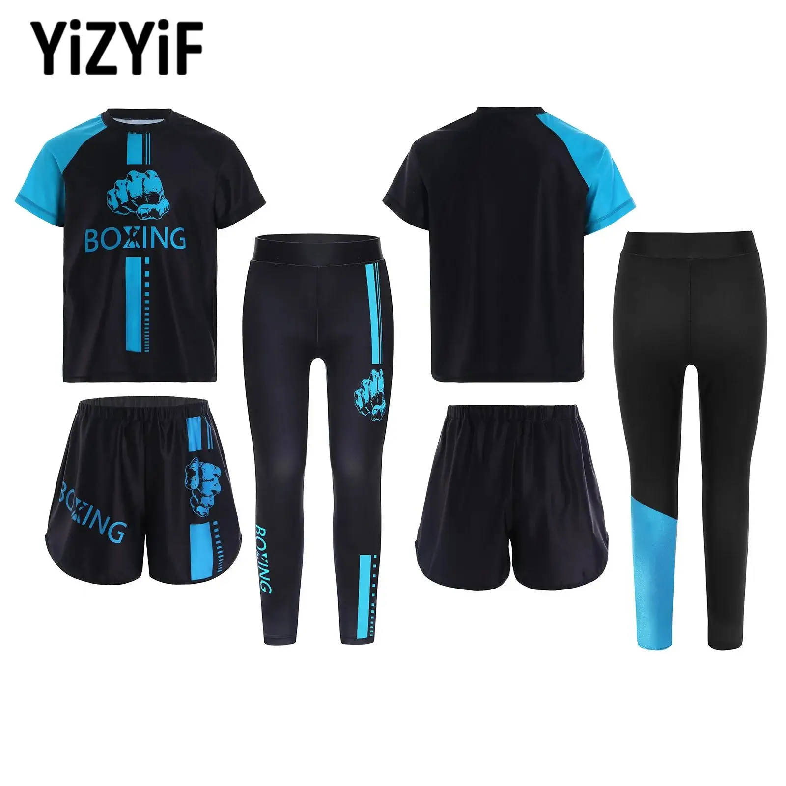 

Kids Boys Boxing Training Outfit Short Sleeve Boxing T-shirt with Shorts And Leggings Suit Martial Arts Fight Grappling Outfit