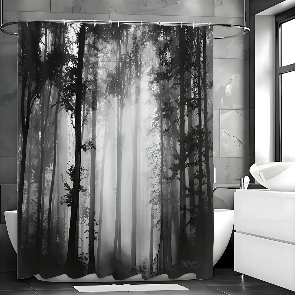 Black Tree Shower Curtain, Black Misty Forest Bathroom Decorative Shower Curtain, Waterproof Shower Curtain with Hooks