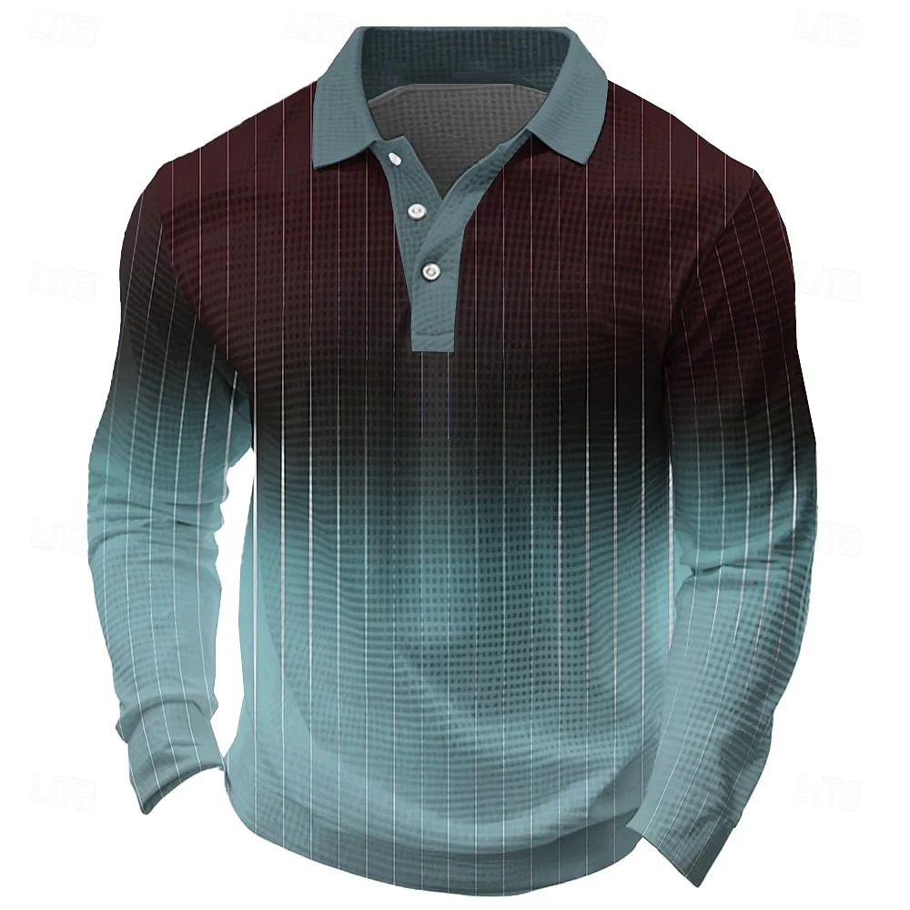 

Simple Stripe Pattern Polo Shirt Fashion Casual Mens Gradient 3D Printed Long Sleeve Polo T-shirt Loose Daily Wear Pullover Tops