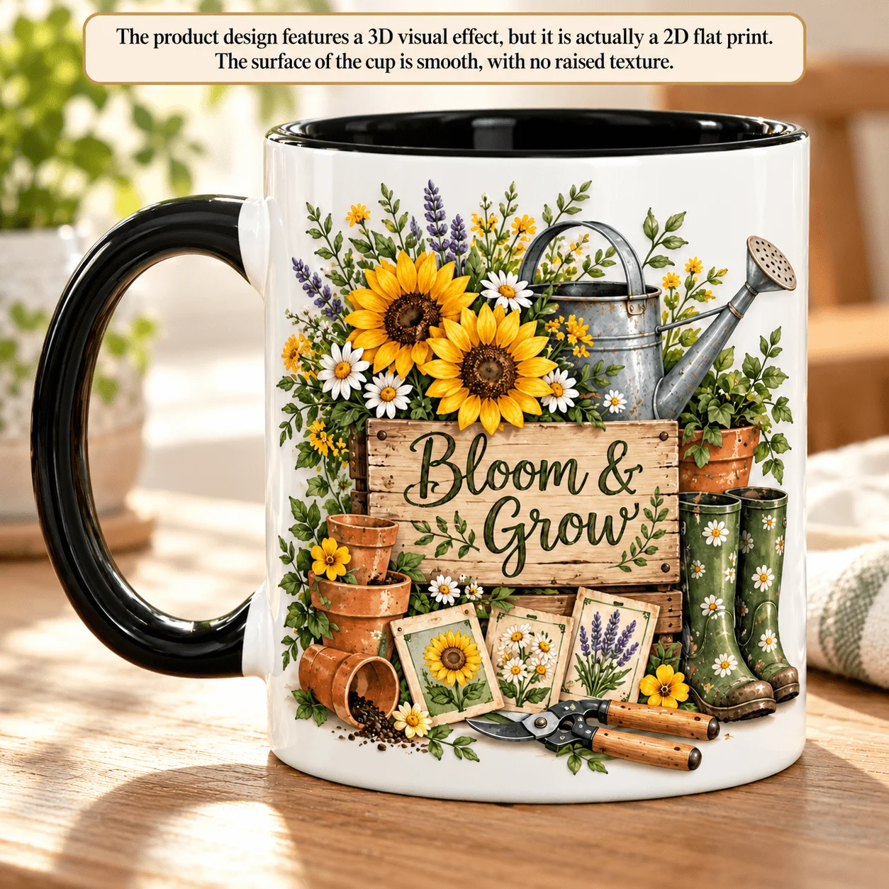 2D 1pc 11oz Personalized Gardening Sunflower Coffee Mug, Daily Gift for Bestie, Water Cup Hand Wash Only, Microwave Safe