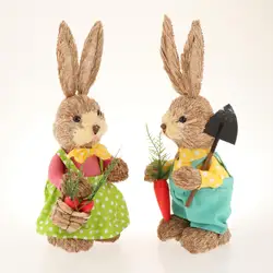 2x Artificial Straw Rabbit Souvenir Bunny Figurine Easter Straw Bunny Ornaments for Easter Holiday Party Household Decoration