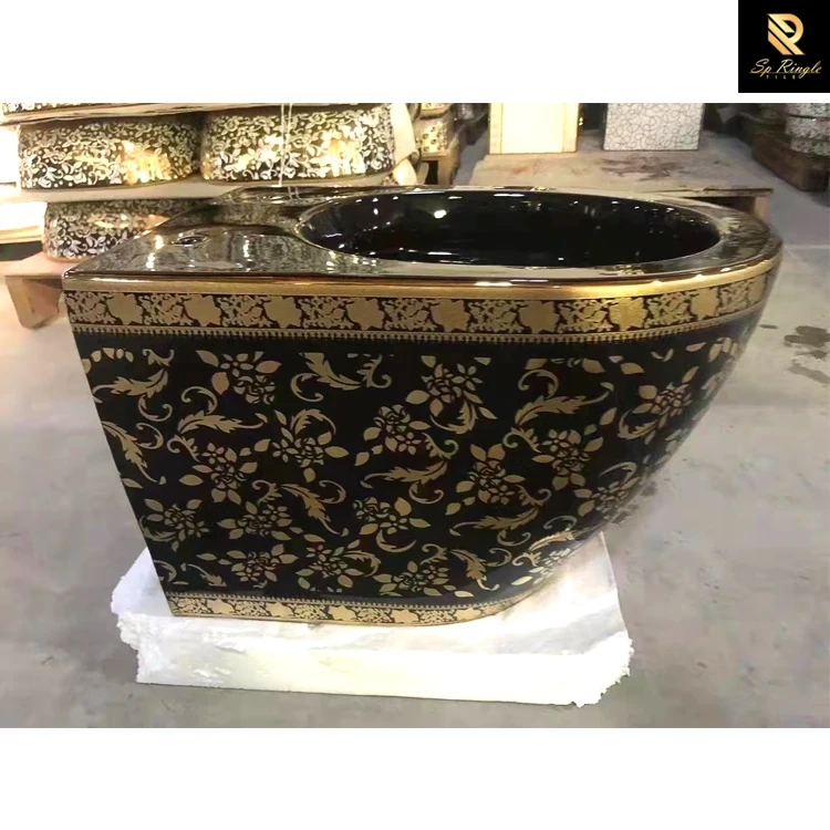 Gold Black Toilet Bowl Mesh Ceramic Prefab Luxury Bathroom Art Wall Hung Wash Basin Toilet