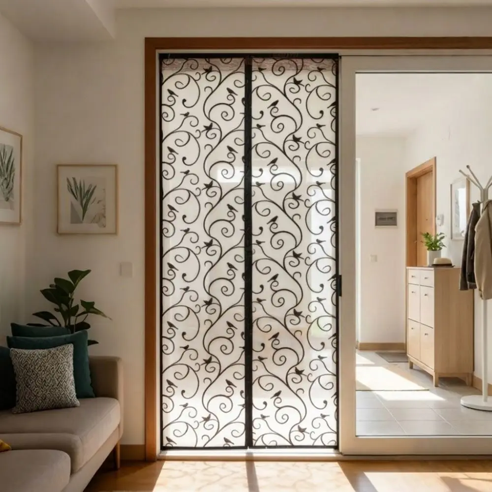 Vine Pattern Magnetic Screen Door No Drilling Automatic Mesh Door Screen Hands Free Design Breathable Self-adhesive Door Curtain