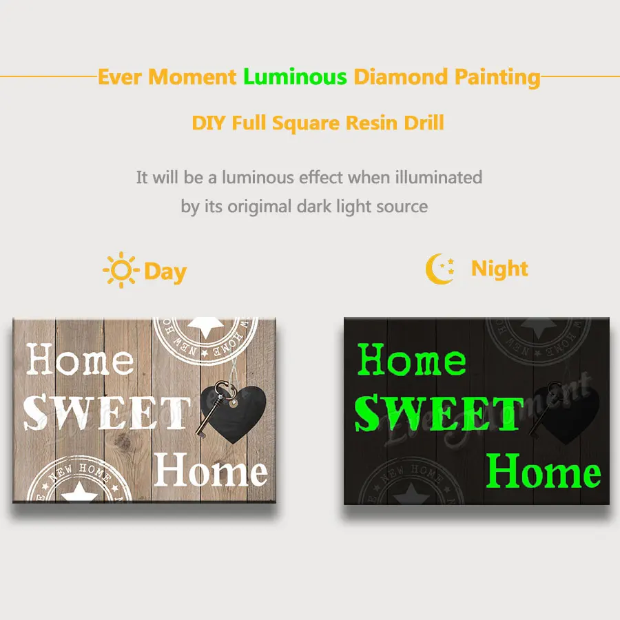 Ever Moment Diamond Painting Luminous Drill Word Home Sweet Home Wall Art Decoration Stones Shining at Night Beads Craft N001