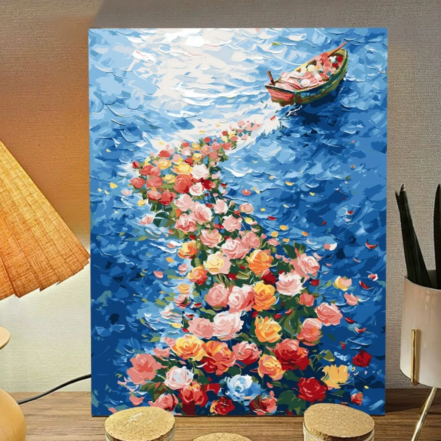 300056-Boat sailing on flower stream amid deep blue lake