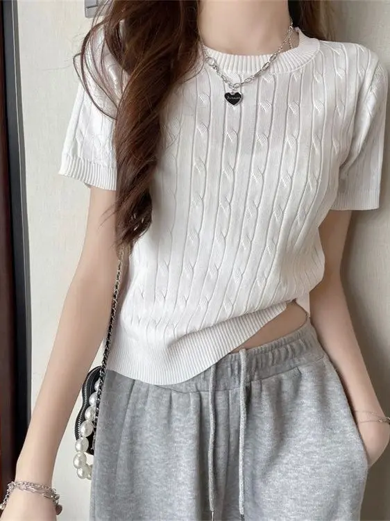 Slim Fit Short Sleeve T-Shirt Women's Knitted Chic Korean Style Twist Shoulder Top Summer Fashion Casual round Neck Short Length