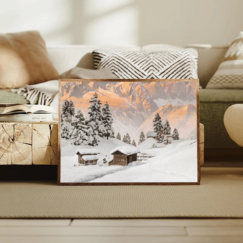 Retro Winter Snow Scene Wooden House Urban Landscape Posters Prints Canvas Painting Wall Art Picture Living Room Home Decor
