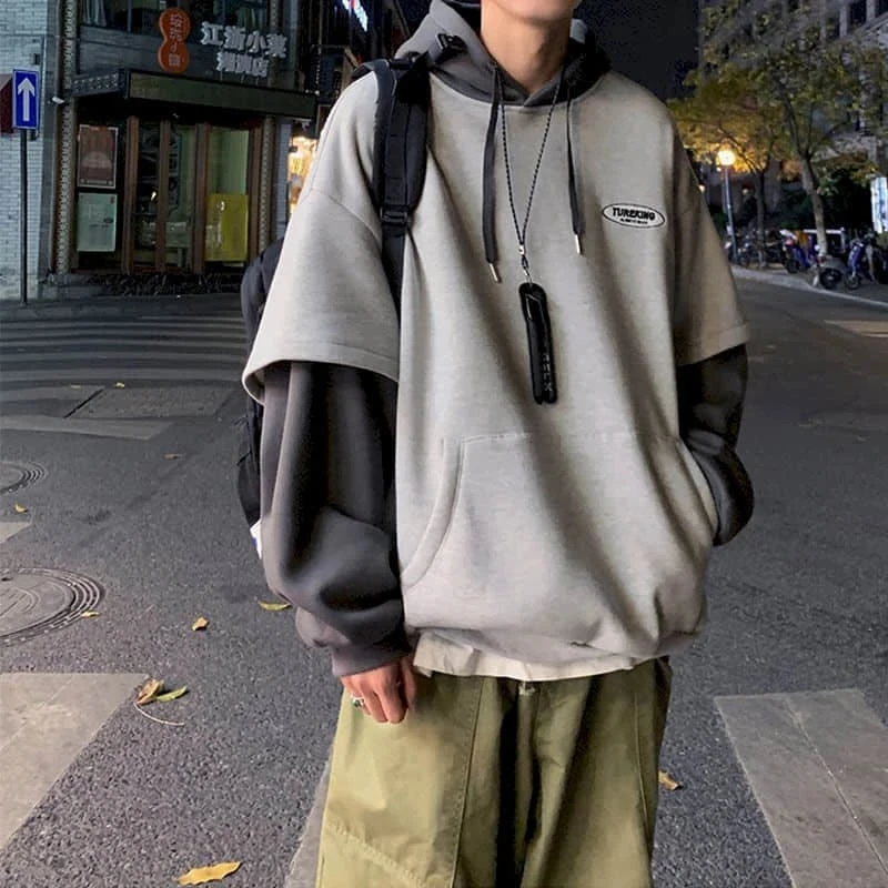 Hoodies men fake two-piece sweatshirt autumn stitching Korean