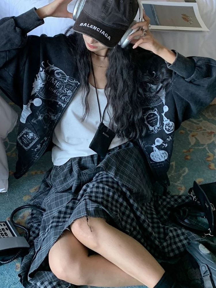 2025 American Retro Print Cartoon Sweatshirt Women Zip Up Long Sleeve Jackets Coats Casual Hooded Sweatshirt Y2K Streetwear Tops