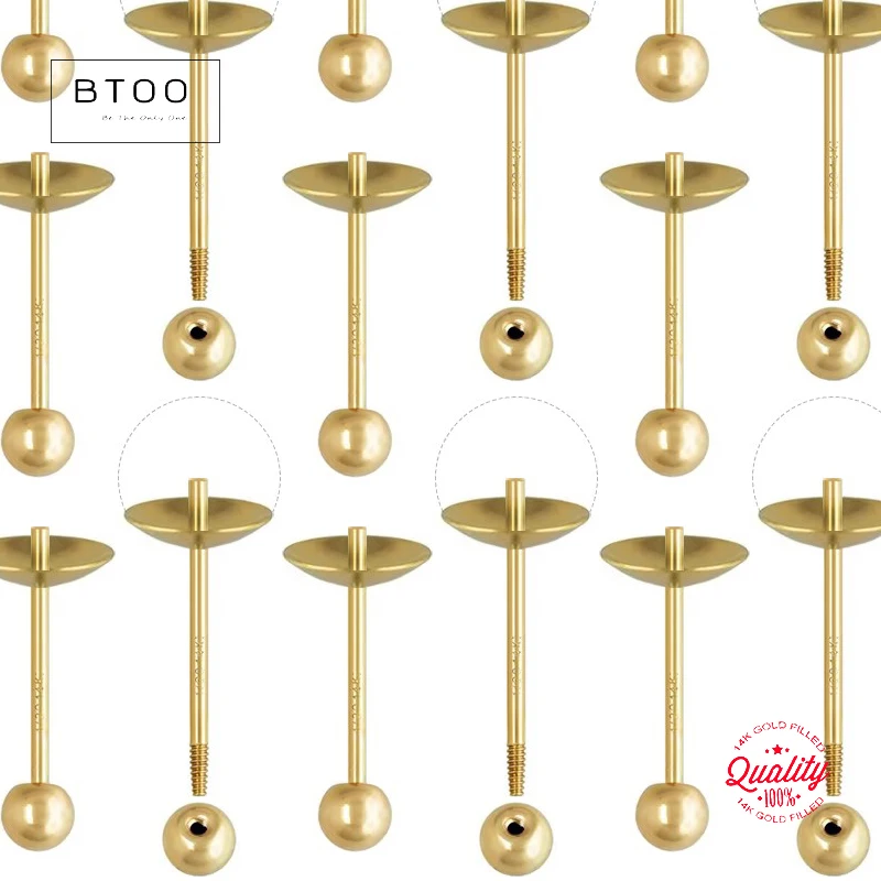 14K Gold Filled Pearl Cup Earring with Threaded Ball Post Hypoallergenic Ear Stud Jewelry Accessory for DIY Wholesale Bulk