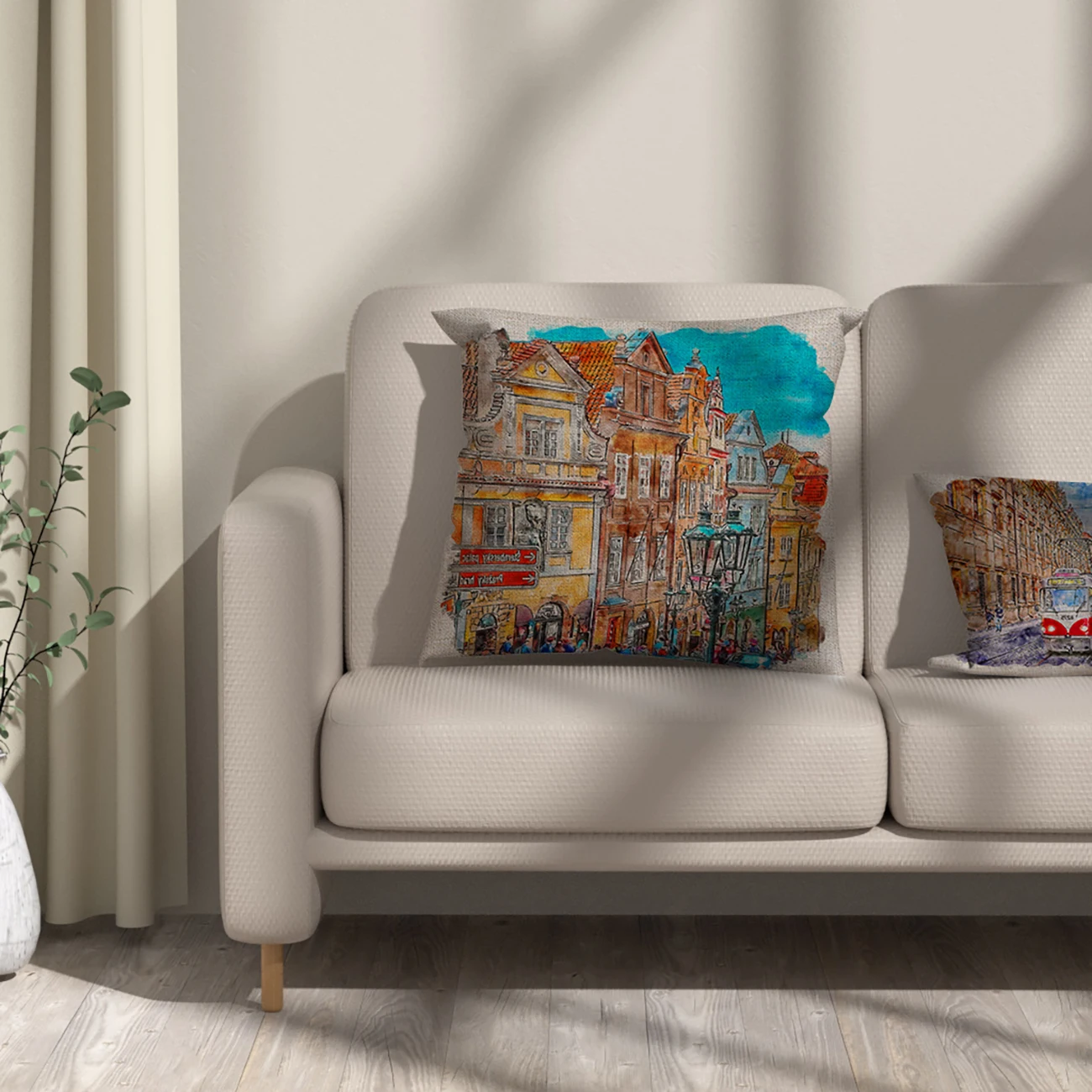 Linen Pillow Cover for Sofa, Scenic Painting, City Street, Blue, Beige Cushion Cover, 45x45, 40X40