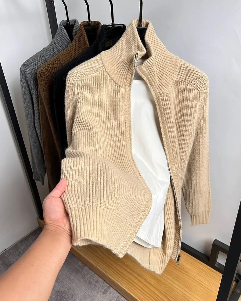 Cárdigan de punto con cremallera de alta calidad para hombre, abrigo de cuello alto, suéter informal cálido, diseño de marca coreana, moda de otoño e invierno