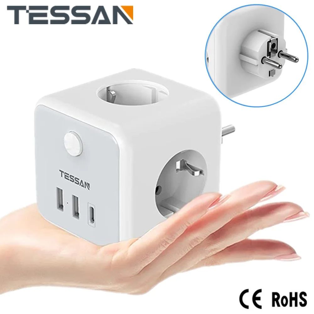 TESSAN European Multiple Wall Socket Travel Adapter with Switch AC Outlets USB Type C Port EU KR Plug Multi-tap Power Strip Cube