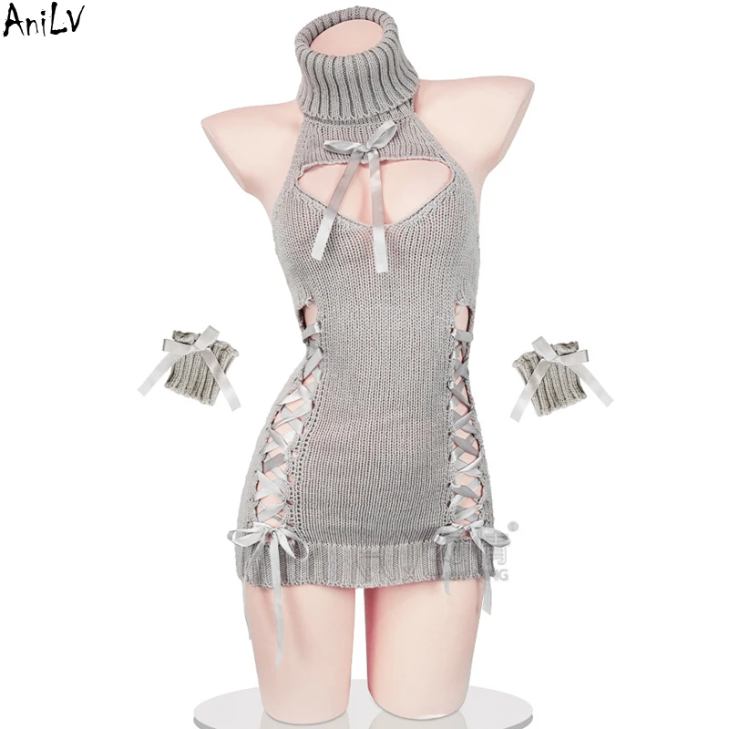 AniLV Anime Girl Hollow Turtleneck Sweater Sexy Lingerie Women Backless Short Knitted Dress Outfits Erotic Costumes