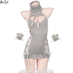 AniLV Anime Girl Hollow Turtleneck Sweater Sexy Lingerie Women Backless Short Knitted Dress Outfits Erotic Costumes