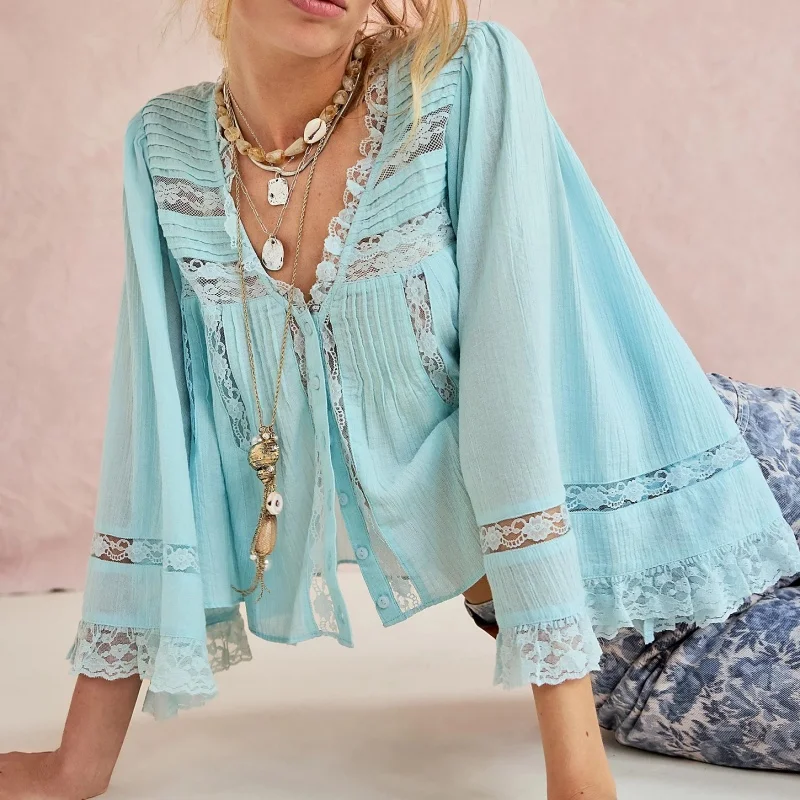 

Women Long Sleeve Ruffle Tops Button Front Wide 3/4 Sleeve V Neck Solid Color Semi Sheer Lace Trim Tank Tops Shirts Y2k Clothes