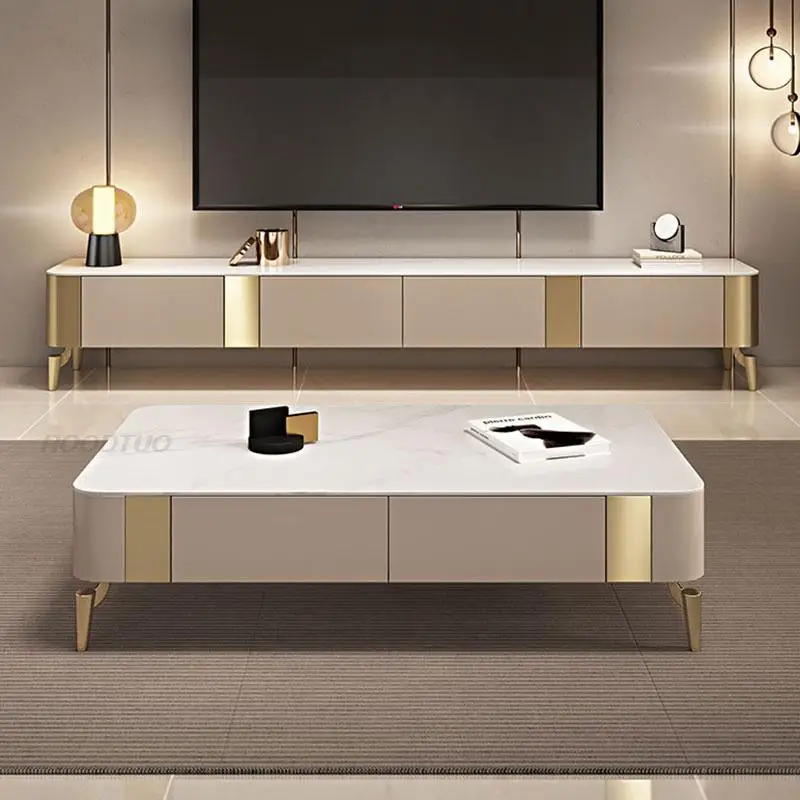 TV Cabinet Solid Wood Drawers Living Room Furniture In White Light Luxury Rock Panels Countertop 1.3m Rectangle Coffee Tables