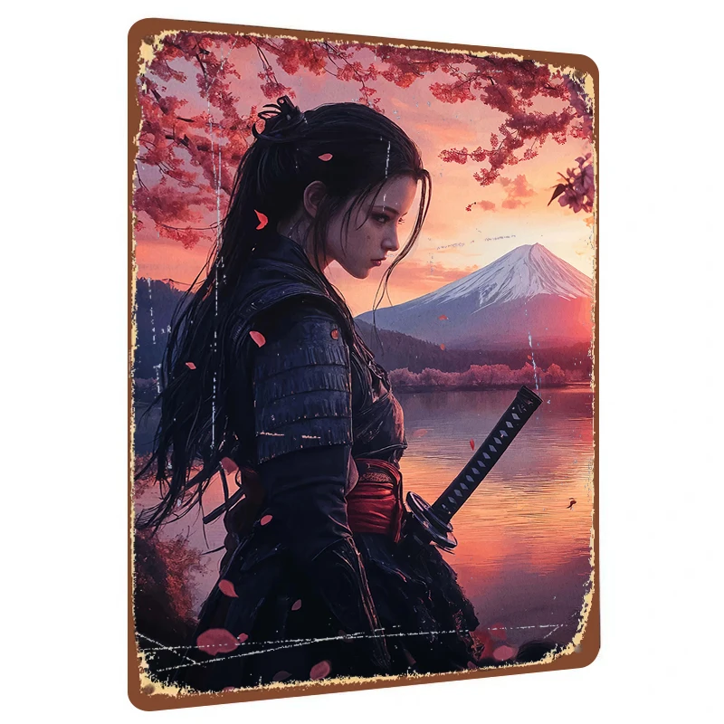 Samurai Girl in Cherry Blossom with Mount Fuji Scenery Custom Metal Iron Wall Art Decor for Home Office