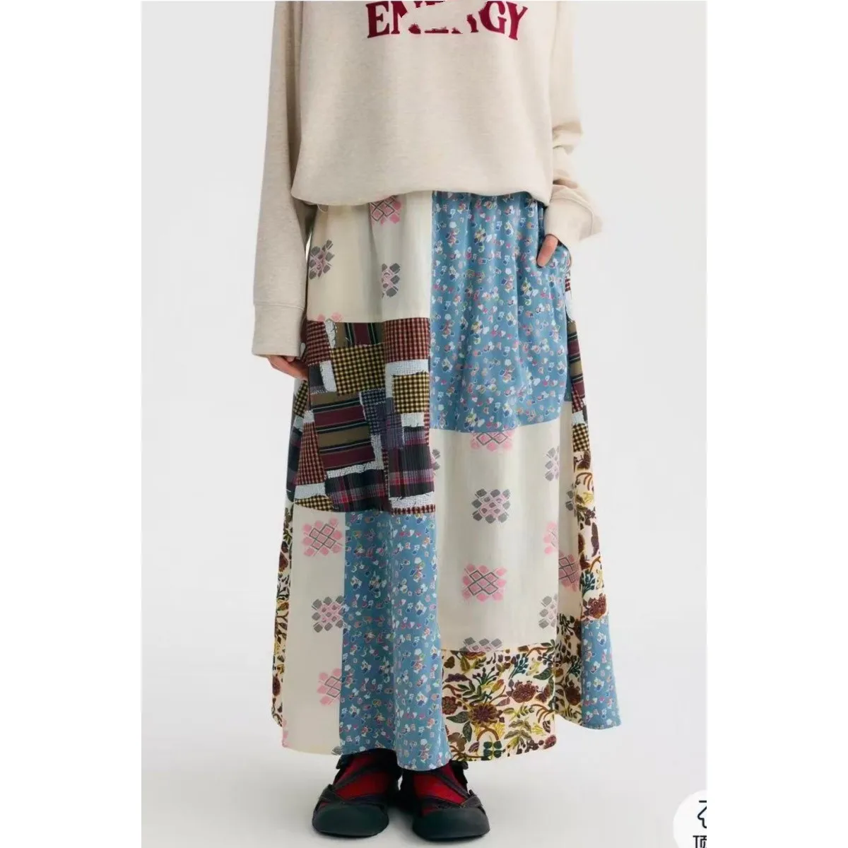 

Floral Patchwork High Waist Cotton Midi Skirt Women's Summer 2026 Belted Loose Fit Sweet Style Casual A-Line Skirt