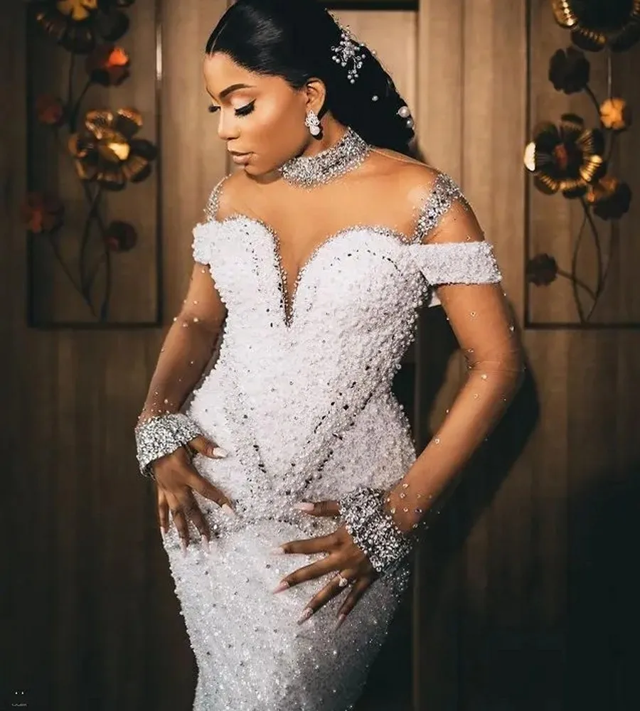 

2026 Luxury African Wedding Dresses Black Girls Mermaid Long Sleeves Pearls Aso Ebi Bride Bridal Gowns Vestidos De Noiva