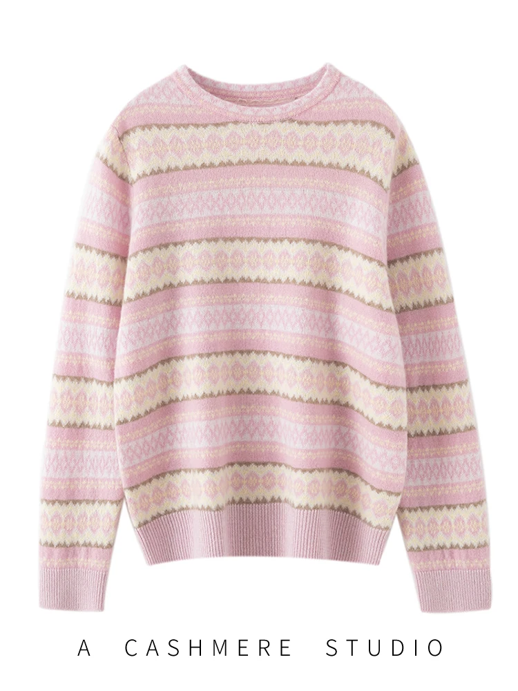 

100% Cashmere New Women's O-Neck Knit Sweater Fashion Autumn Winter Knitwear Pullover Thick Jacquard Warm Loose Cashmere Top