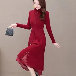 Women Faux Mink Fleece Sweater Dress 2025 New Half Turtleneck Pullover Lace Midi Dress Ladies Knit Sweater Dress Women Clothing