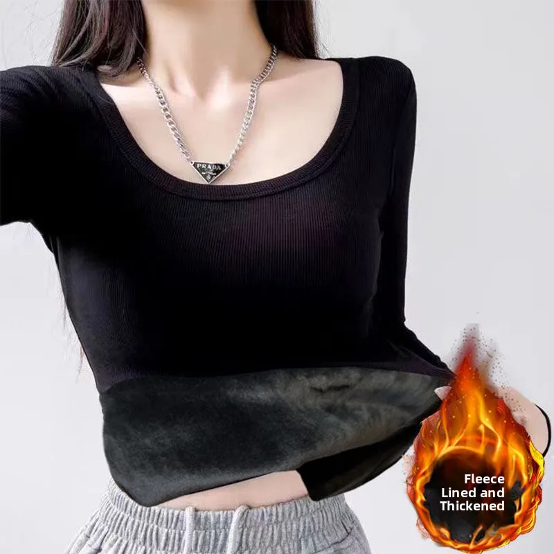 Women's Long Sleeve Fleece Lined Thickened round Neck Base Shirt Warm Slim Fit T-Shirt Inner Wear Versatile Top for Autumn Wi...
